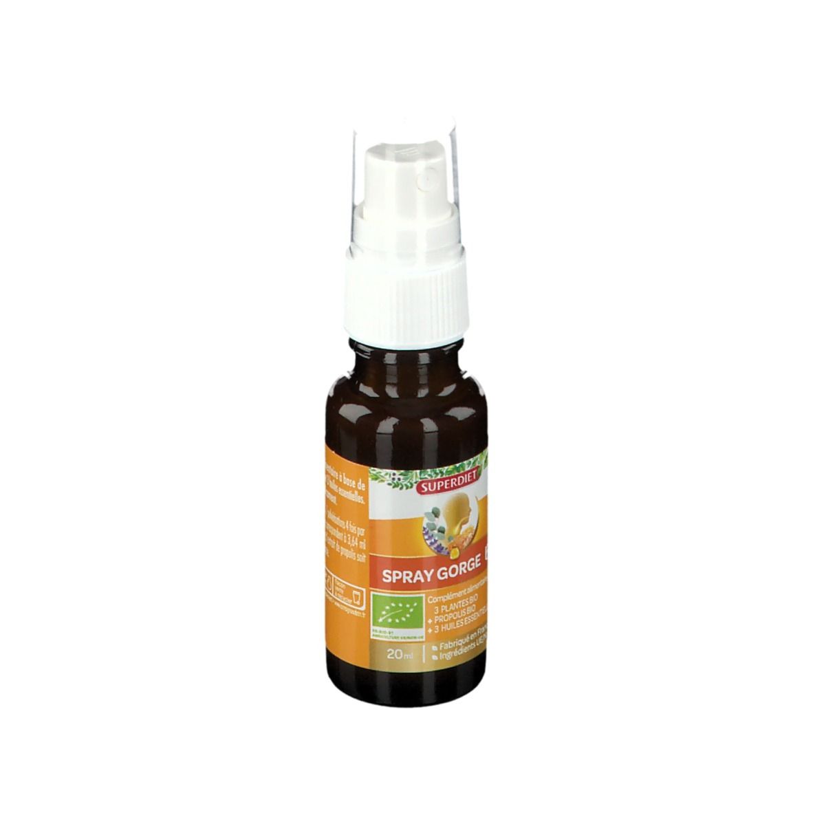 Flacon en verre brun avec vaporisateur blanc. Étiquette avec nom du produit et label bio. 20ml.
