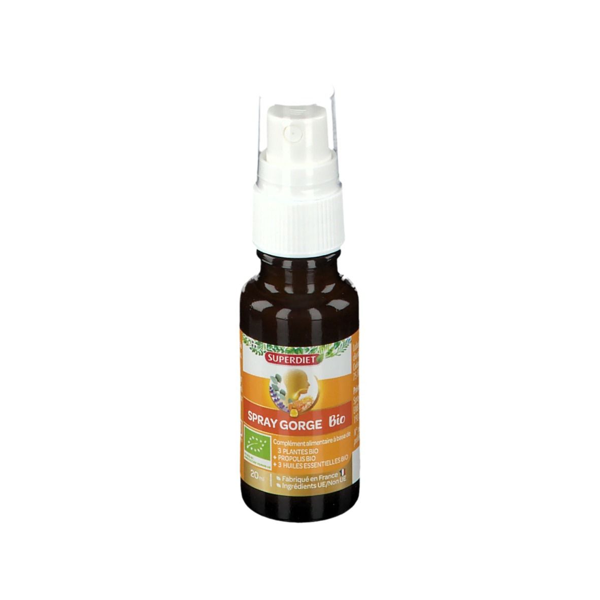 Flacon en verre brun avec vaporisateur blanc. Étiquette avec nom du produit et label bio. 20ml.