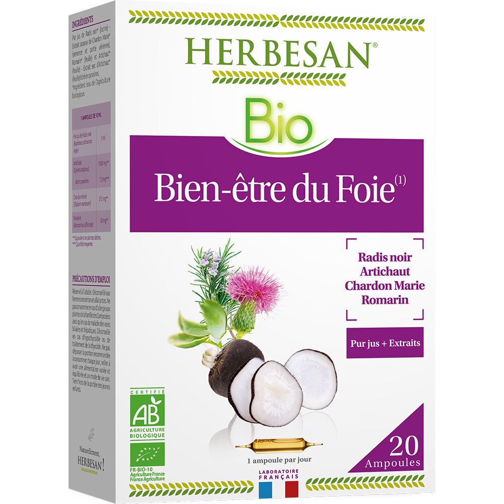 Karton mit Herbesan Bio Wohlbefinden der Leber. Enthält 20 Ampullen. Mit Radieschen, Artischocke, Mariendistel und Rosmarin.