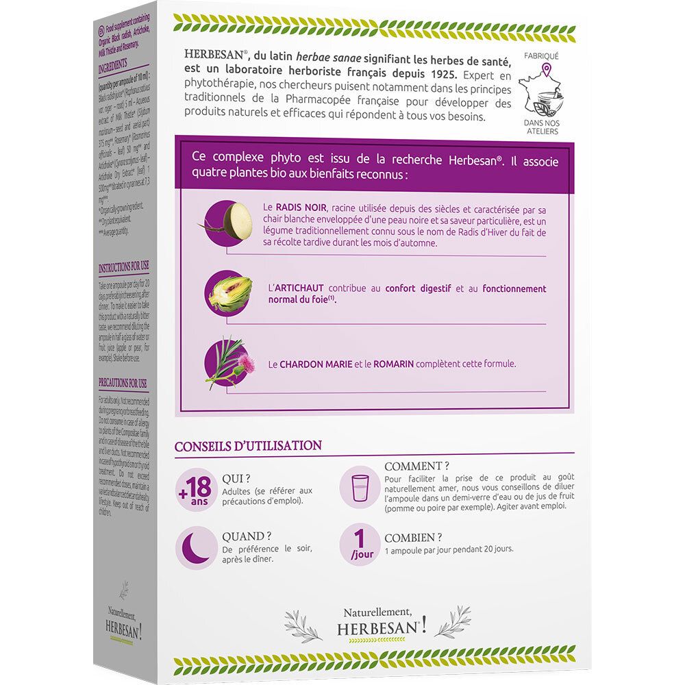 Rückseite der Herbesan Bio-Verpackung. Informationen zu Inhaltsstoffen und Anwendung. Mit Text auf Französisch.