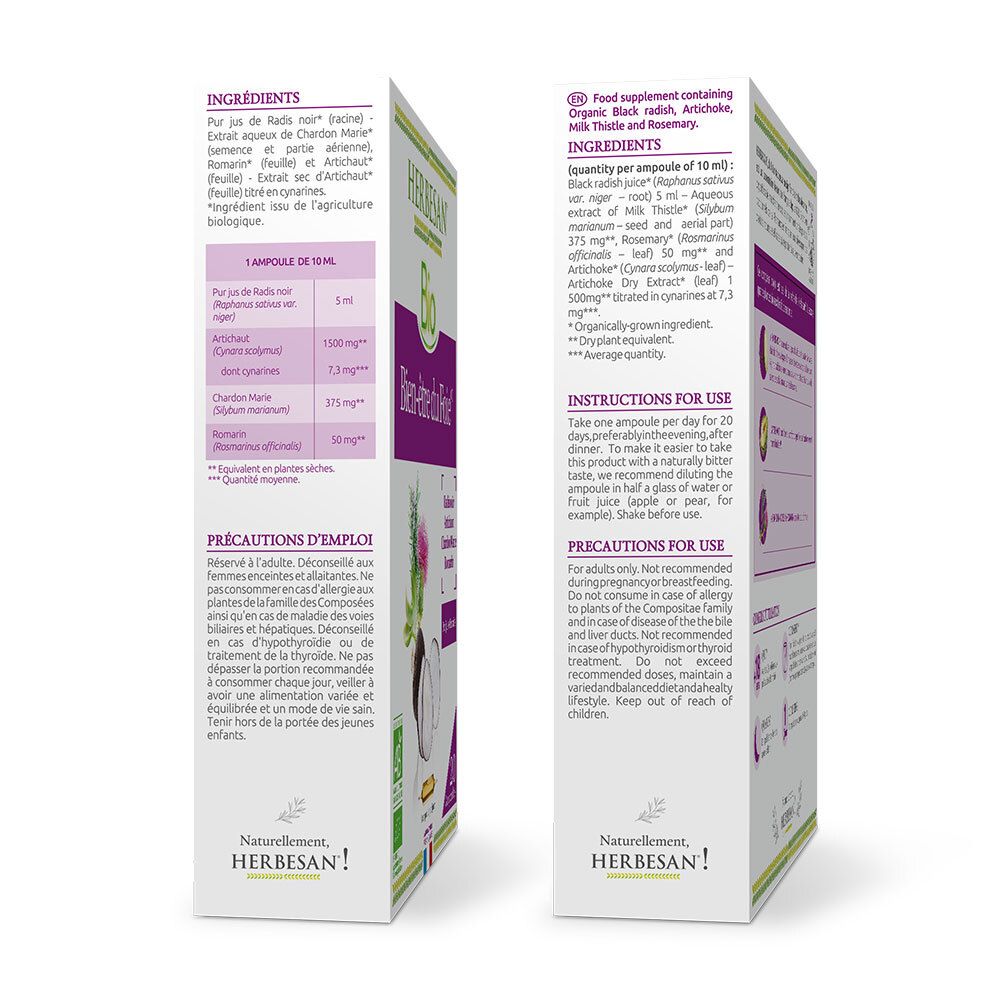 Seitenansicht der Herbesan Bio-Verpackung. Enthält Informationen zu Inhaltsstoffen und Anwendung. Text auf Englisch.