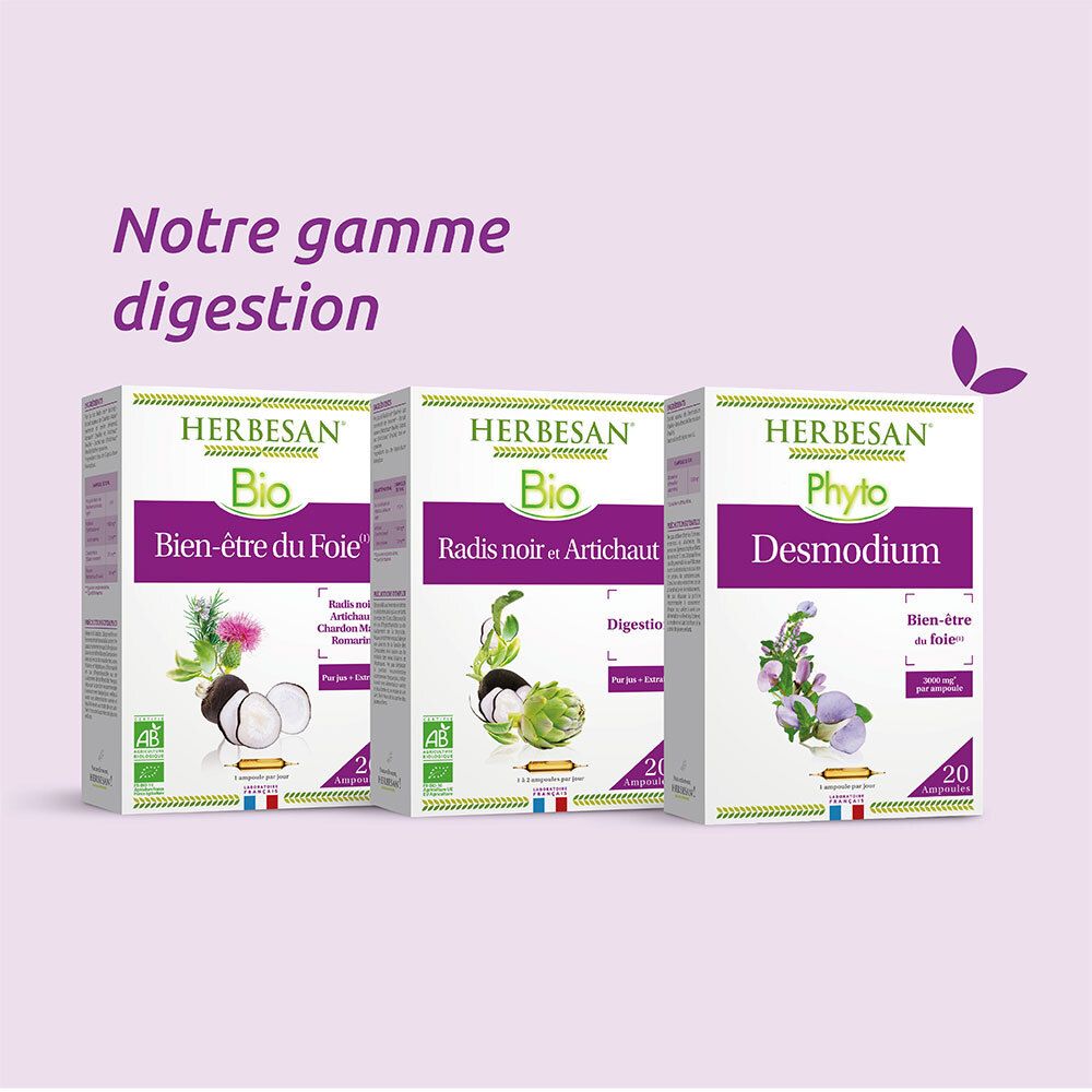 Drei Herbesan-Verpackungen. Bien-être du Foie, Radis noir et Artichaut, und Desmodium.