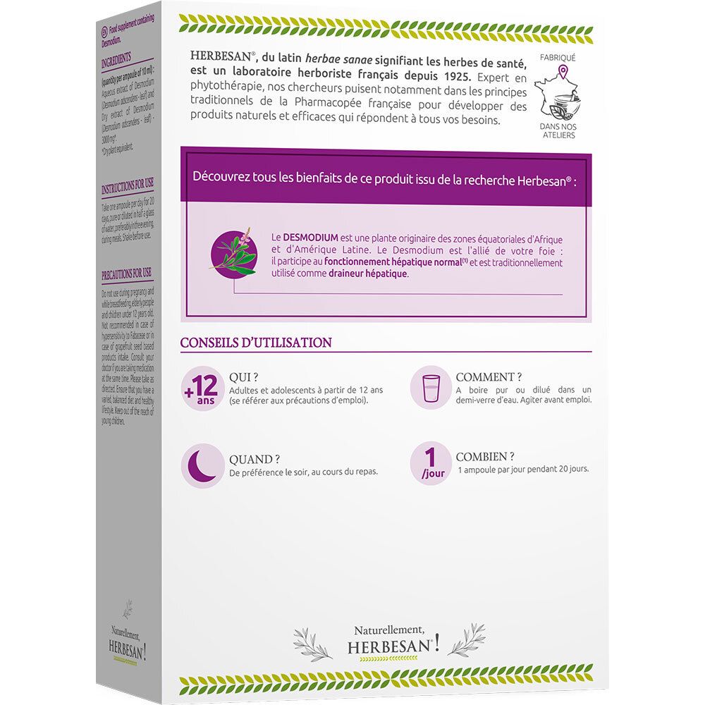 Rückseite der Herbesan Phyto Desmodium-Verpackung. Textinformationen und Anwendungsrichtlinien. Mit Logo.