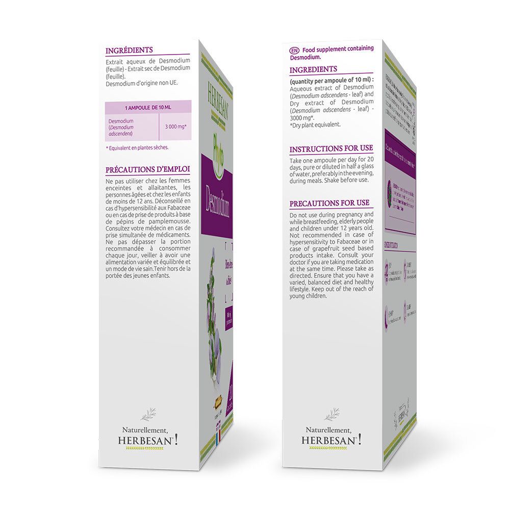Zwei Seiten der Herbesan Phyto Desmodium-Verpackung. Text und Inhaltsstoffe. Mit Logo.