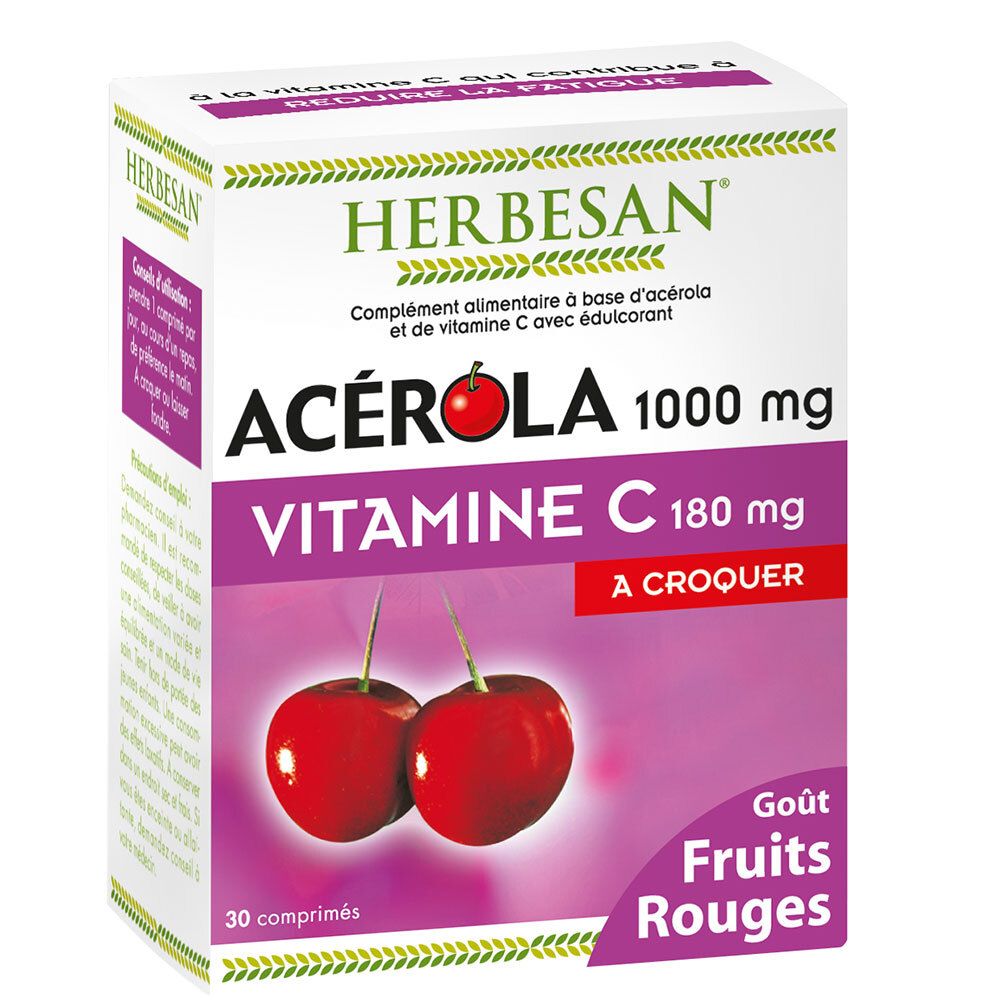 Boîte HERBESAN® Acerola Vitamine C. Inscription: Acerola 1000 mg, Vitamine C 180 mg, Goût Fruits Rouges. Illustration de deux cerises.