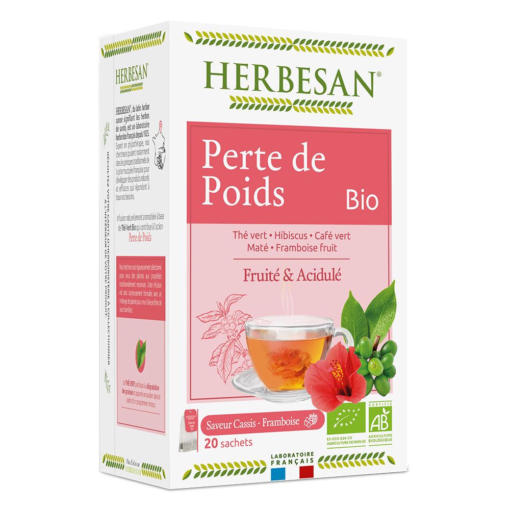 HERBESAN®-Teepackung. Aufdruck: Perte de Poids Bio, 20 Beutel. Abbildung von Tee, Hibiskus, Früchten und AB-Siegel.