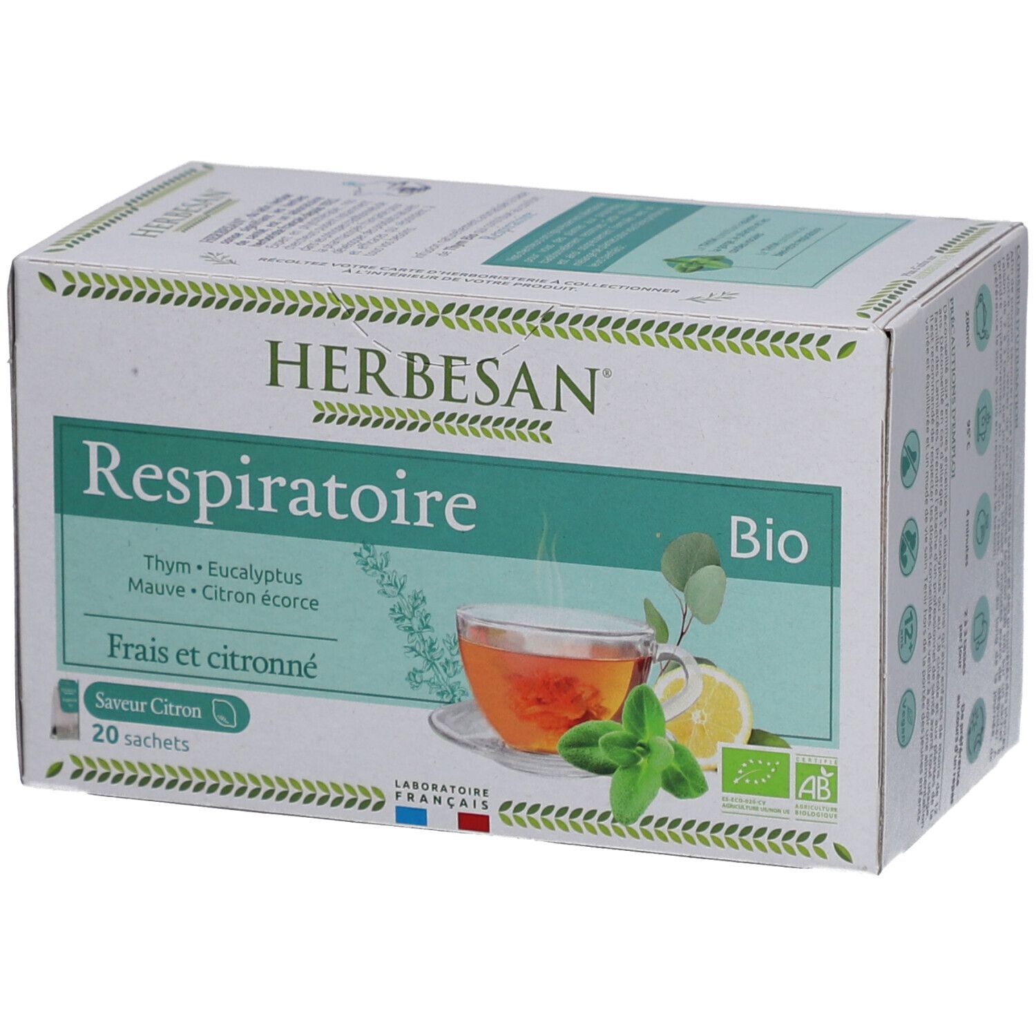 Karton mit Kräutertee. Aufschrift: Respiratoire, Bio. Enthält 20 Beutel. Mit Thymian, Eukalyptus, Malve, Zitronenschale. Bio-Siegel.