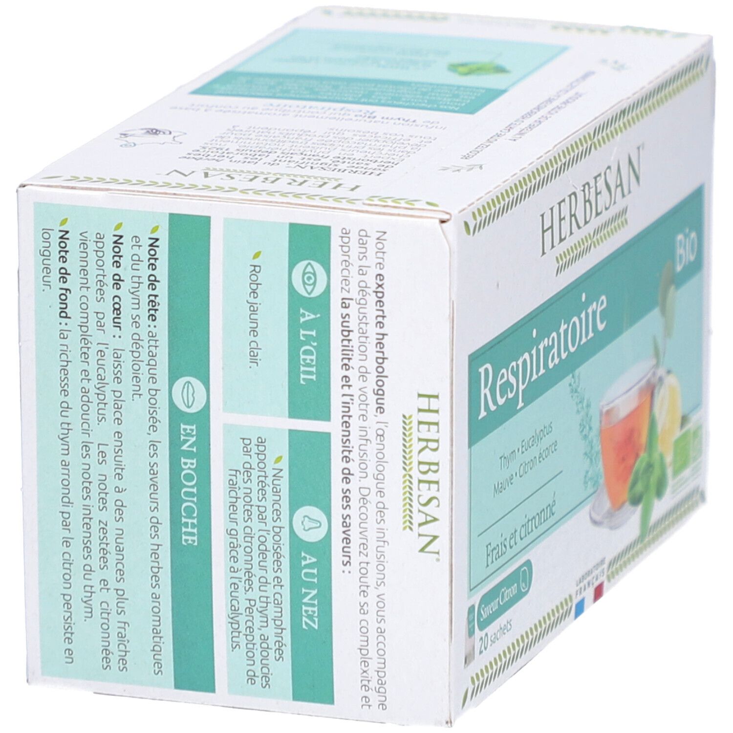 Karton mit Kräutertee. Aufschrift: Respiratoire, Bio. Enthält 20 Beutel. Mit Thymian, Eukalyptus, Malve, Zitronenschale. Bio-Siegel.