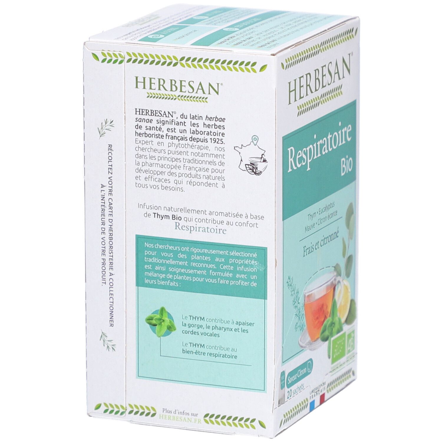 Karton mit Kräutertee. Aufschrift: Respiratoire, Bio. Enthält 20 Beutel. Mit Thymian, Eukalyptus, Malve, Zitronenschale. Bio-Siegel.