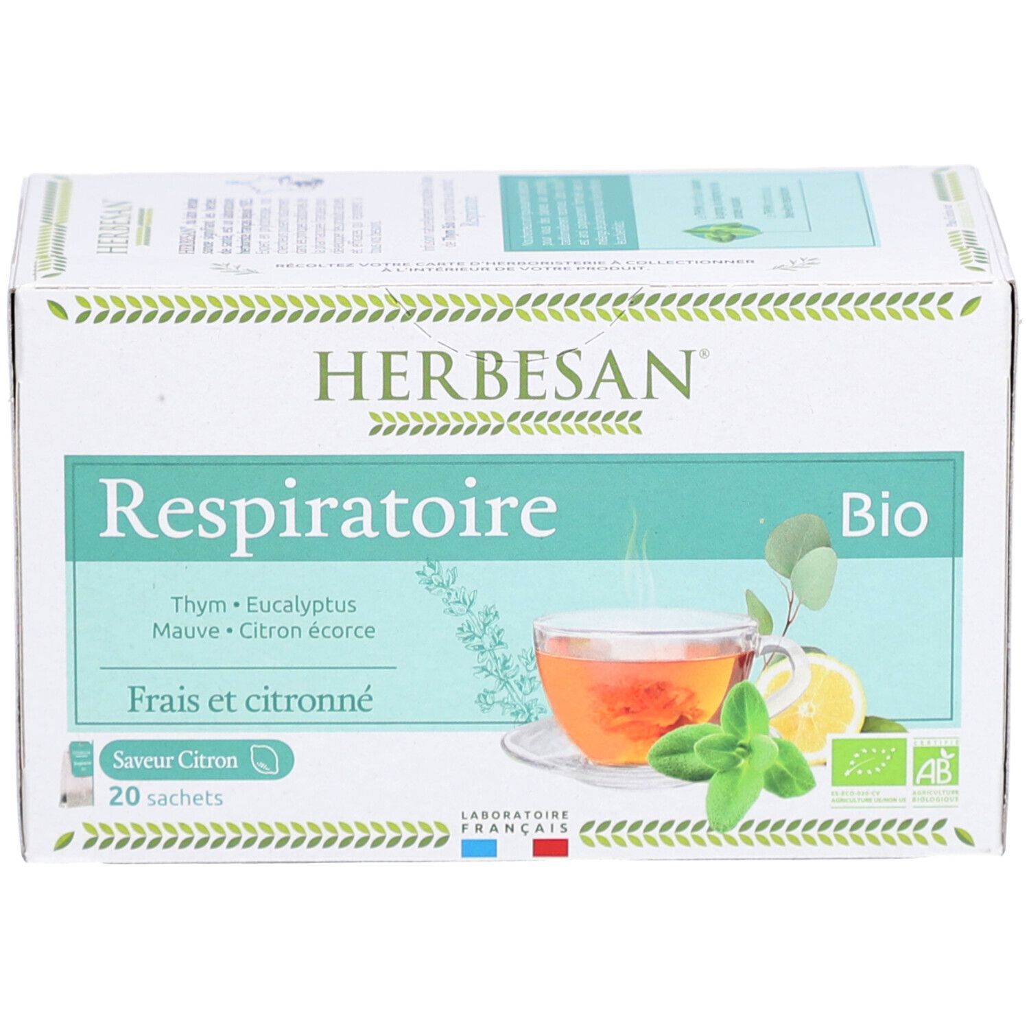 Karton mit Kräutertee. Aufschrift: Respiratoire, Bio. Enthält 20 Beutel. Mit Thymian, Eukalyptus, Malve, Zitronenschale. Bio-Siegel.