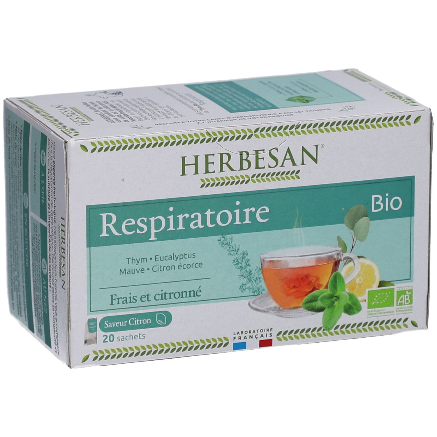 Karton mit Kräutertee. Aufschrift: Respiratoire, Bio. Enthält 20 Beutel. Mit Thymian, Eukalyptus, Malve, Zitronenschale. Bio-Siegel.