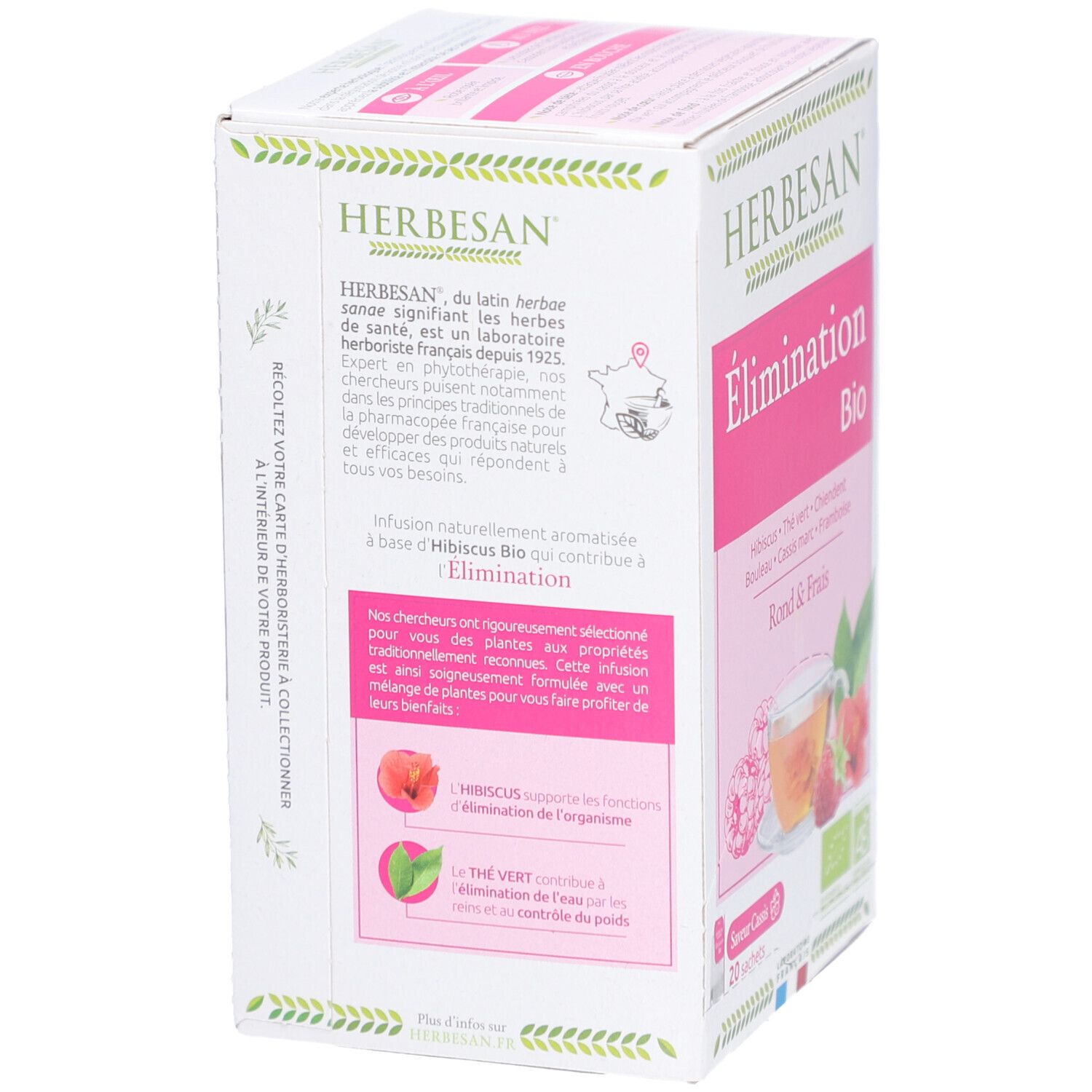 Rückseite der Herbesan Bio Kräutertee-Verpackung. Textinformationen, Illustrationen und Zertifizierungen.