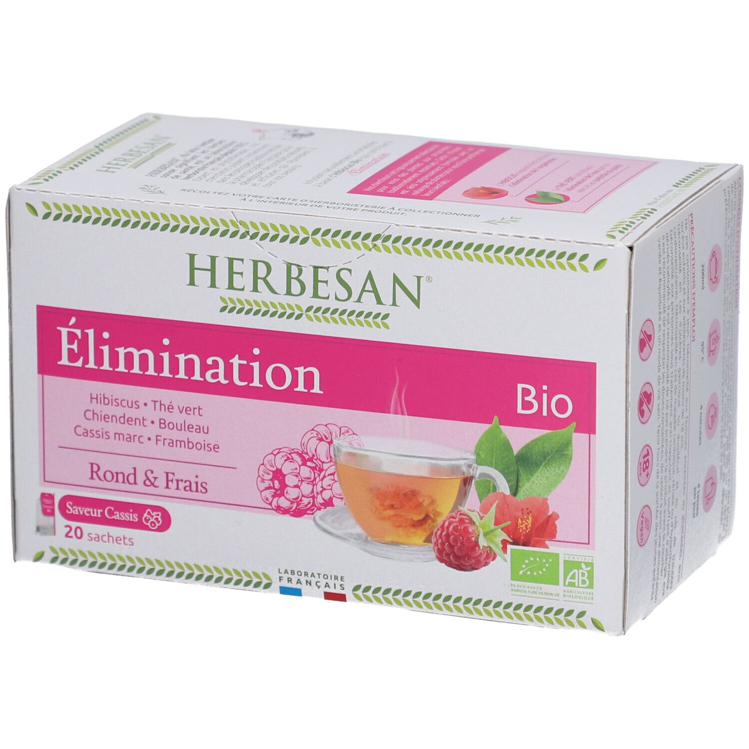Herbesan Bio Kräutertee-Verpackung. Rosa Etikett mit Produktnamen, Zutaten und Abbildung einer Tasse Tee mit Himbeeren.