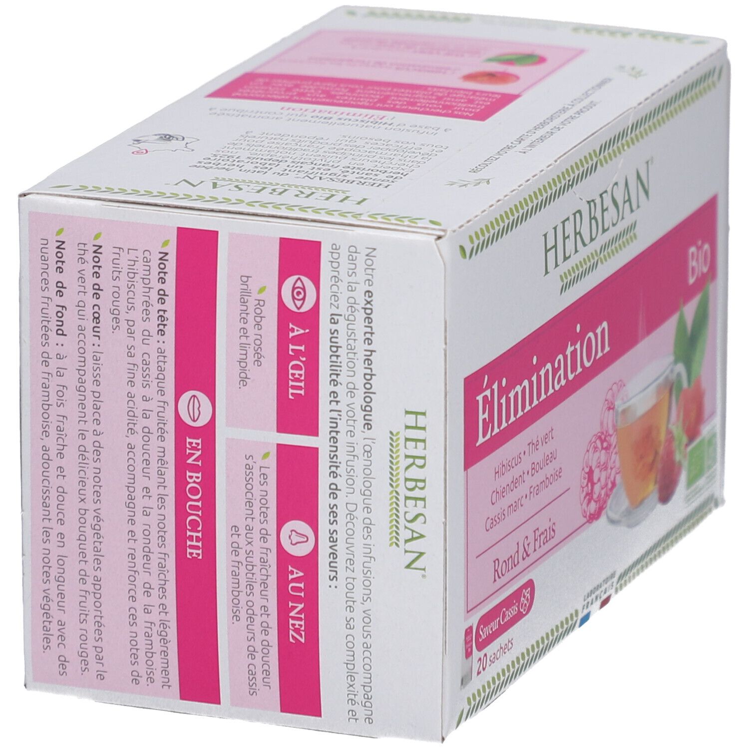 Schrägansicht der Herbesan Bio Kräutertee-Verpackung. Rosa Etikett mit Produktnamen, Zutaten und Illustrationen.