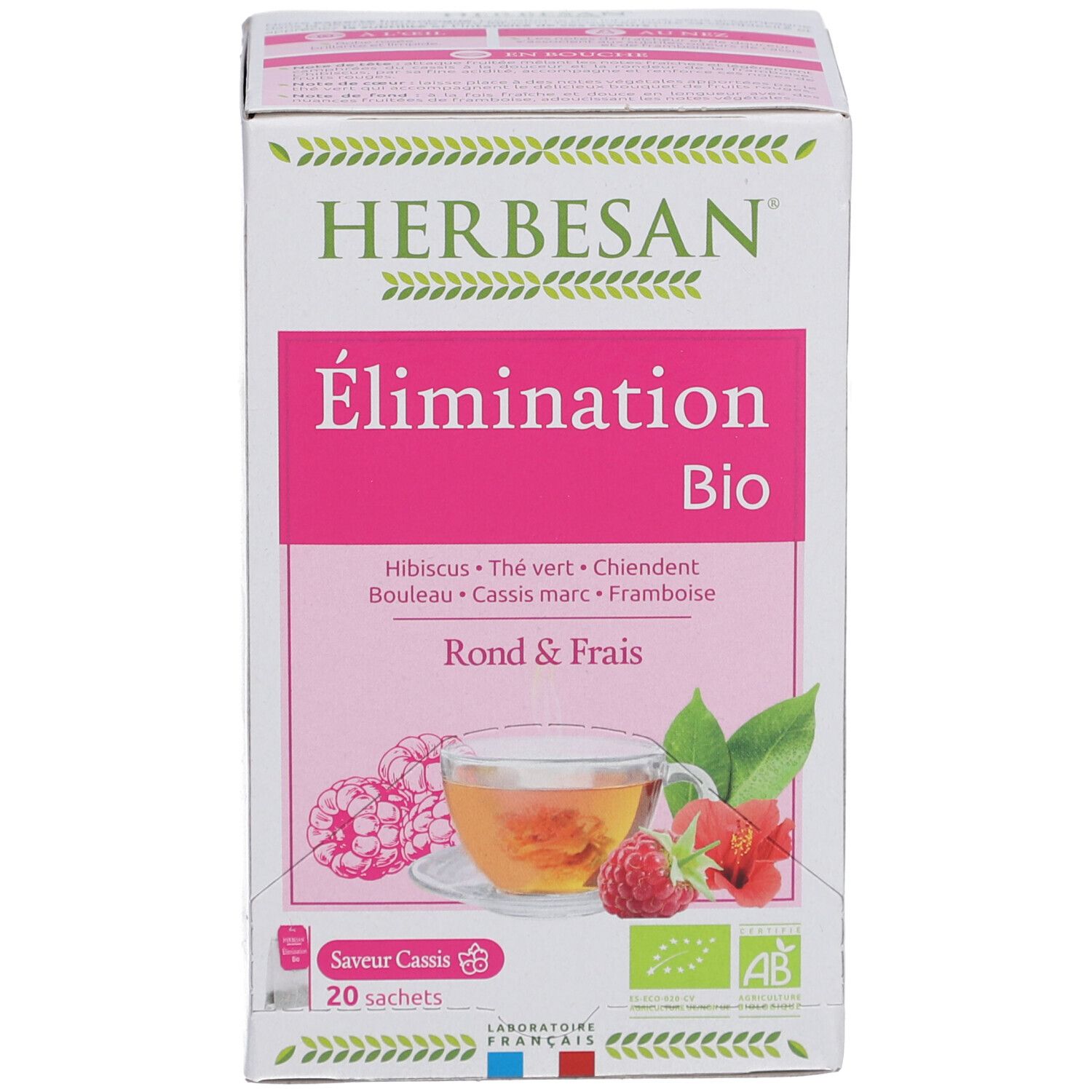 Herbesan Bio Kräutertee-Verpackung. Rosa Etikett mit Produktnamen, Zutaten und Abbildung einer Tasse Tee mit Himbeeren.