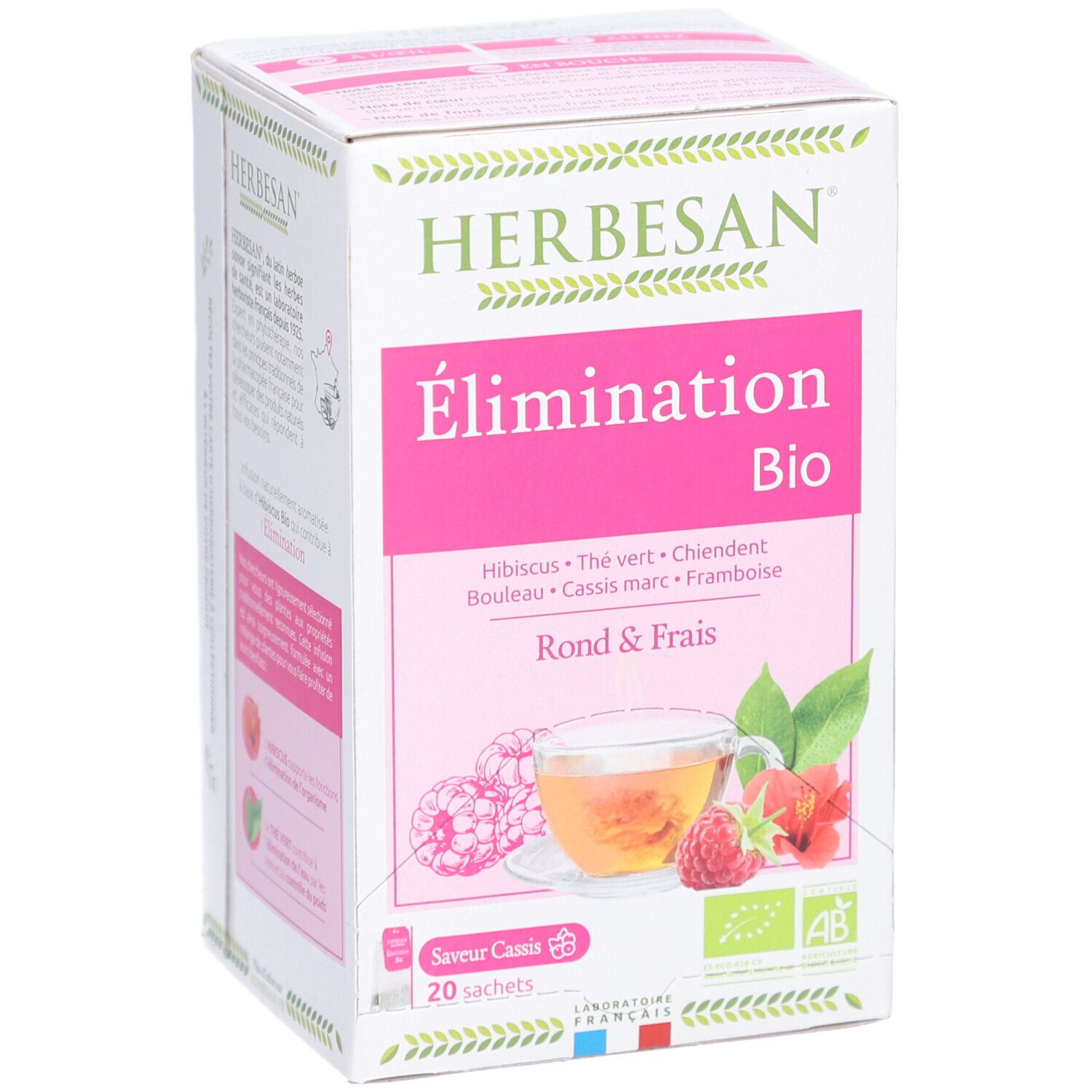 Herbesan Bio Kräutertee-Verpackung. Rosa Etikett mit Produktnamen, Zutaten und Abbildung einer Tasse Tee mit Himbeeren.