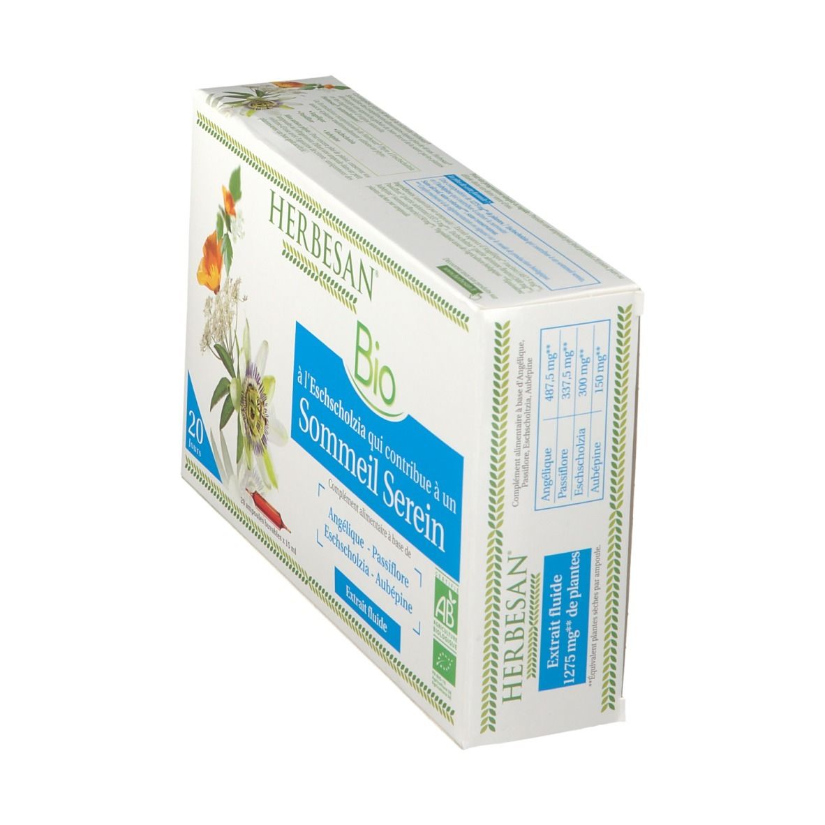 Boîte de complément alimentaire HERBESAN® Bio. Contient 20 ampoules. Inscription: Sommeil Serein.