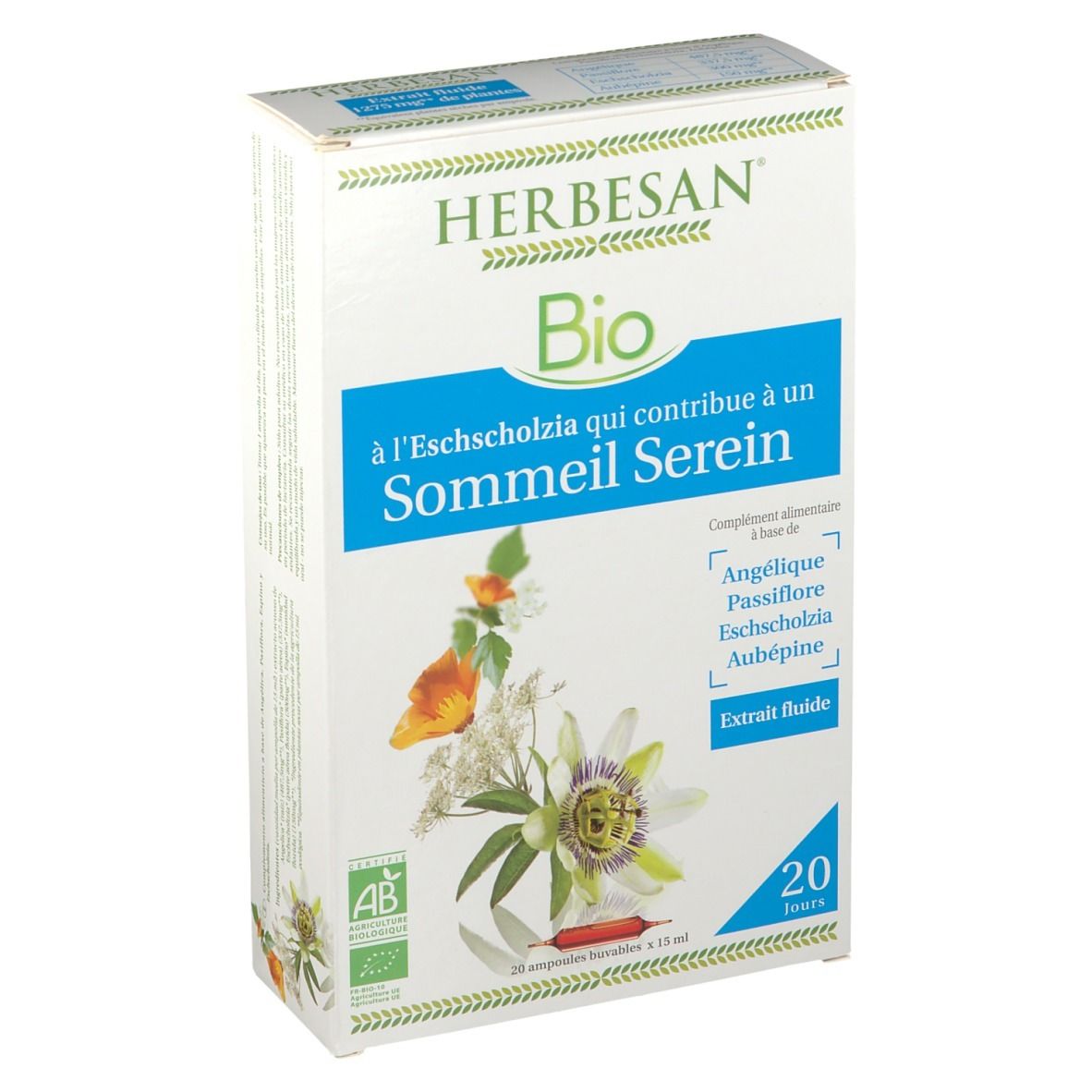 Boîte de complément alimentaire HERBESAN® Bio. Contient 20 ampoules. Inscription: Sommeil Serein.