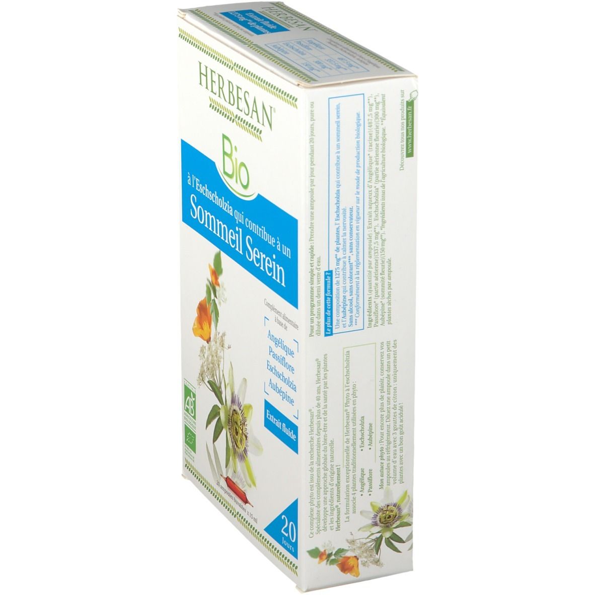 Boîte de complément alimentaire HERBESAN® Bio. Contient 20 ampoules. Inscription: Sommeil Serein.