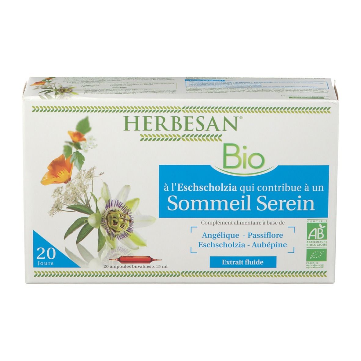 Boîte de complément alimentaire HERBESAN® Bio. Contient 20 ampoules. Inscription: Sommeil Serein.