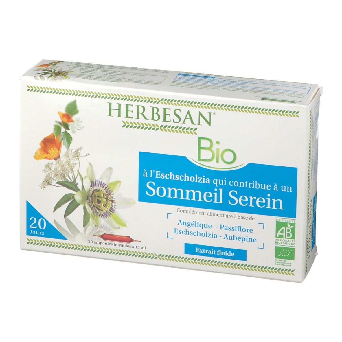 Boîte de complément alimentaire HERBESAN® Bio. Contient 20 ampoules. Inscription: Sommeil Serein.