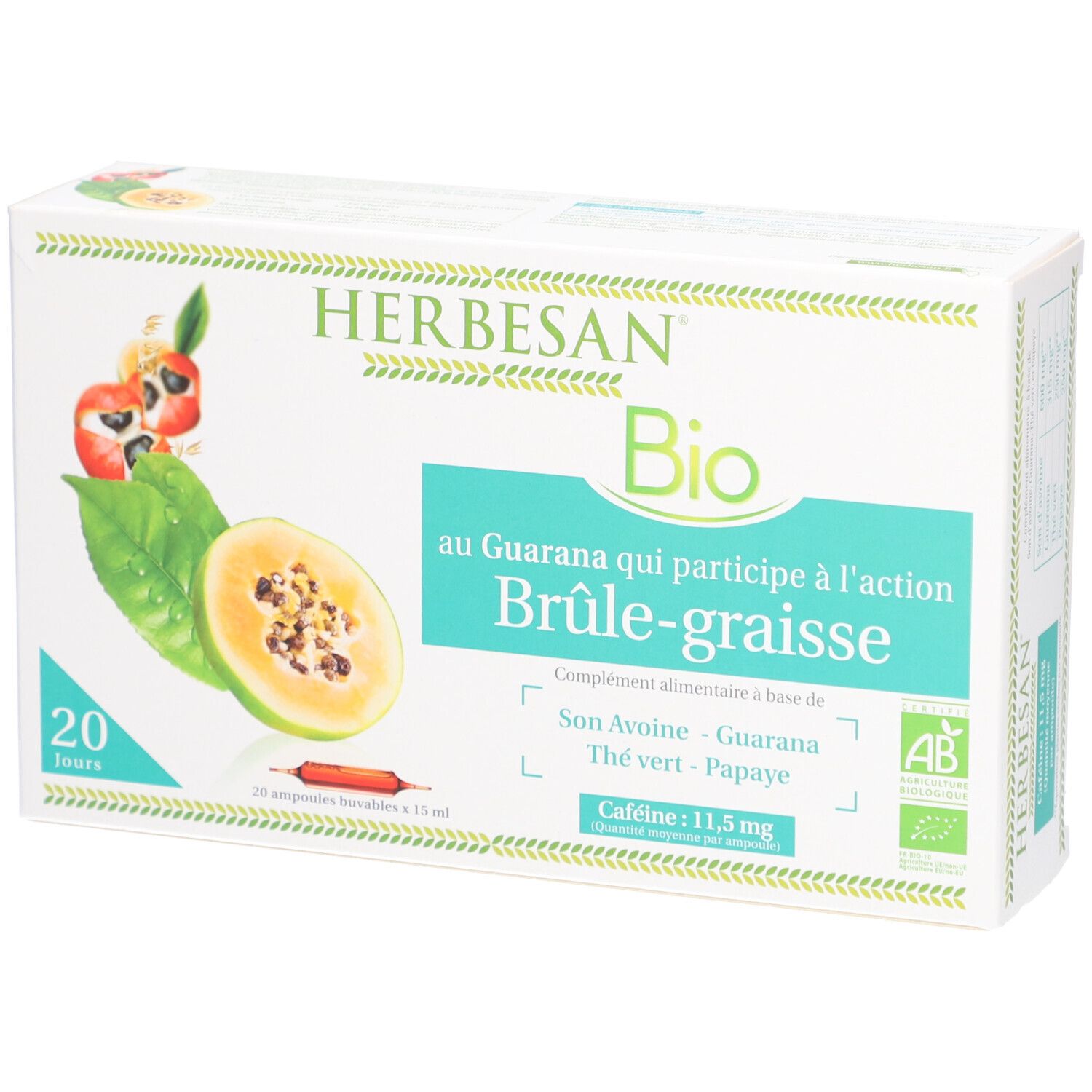 Karton Herbesan Bio mit Aufschrift "Brûle-graisse". Enthält 20 Ampullen. Mit Bio-Siegel.