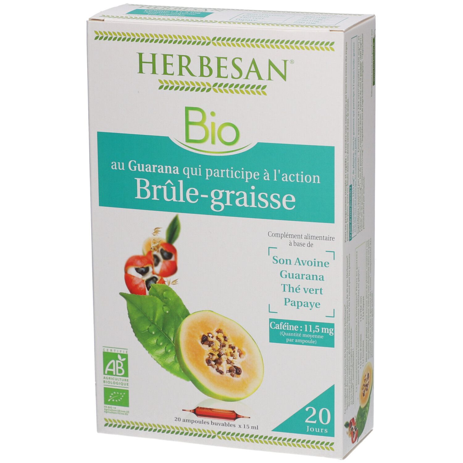 Karton Herbesan Bio mit Aufschrift "Brûle-graisse". Enthält 20 Ampullen. Mit Bio-Siegel.