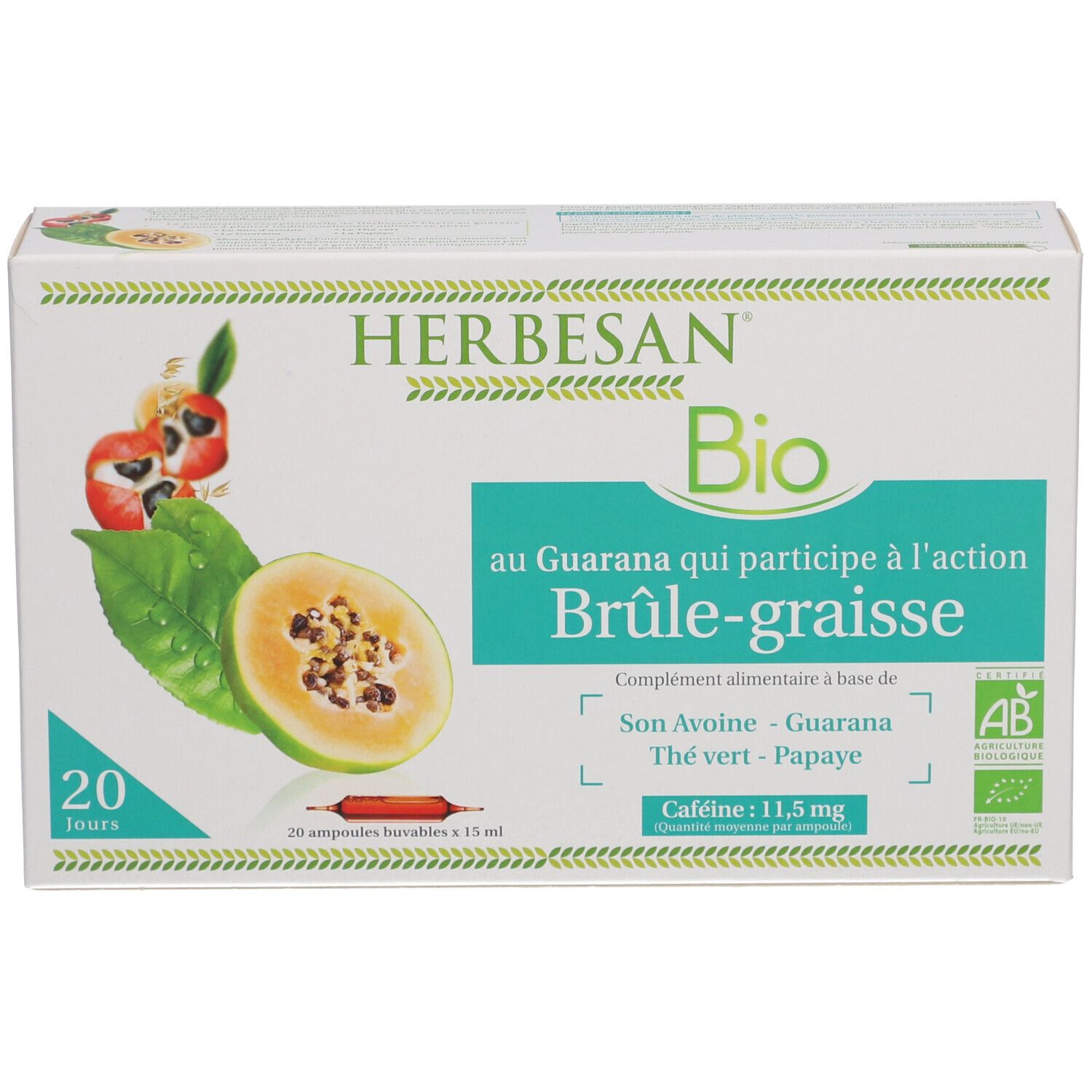Karton Herbesan Bio mit Aufschrift "Brûle-graisse". Enthält 20 Ampullen. Mit Bio-Siegel.