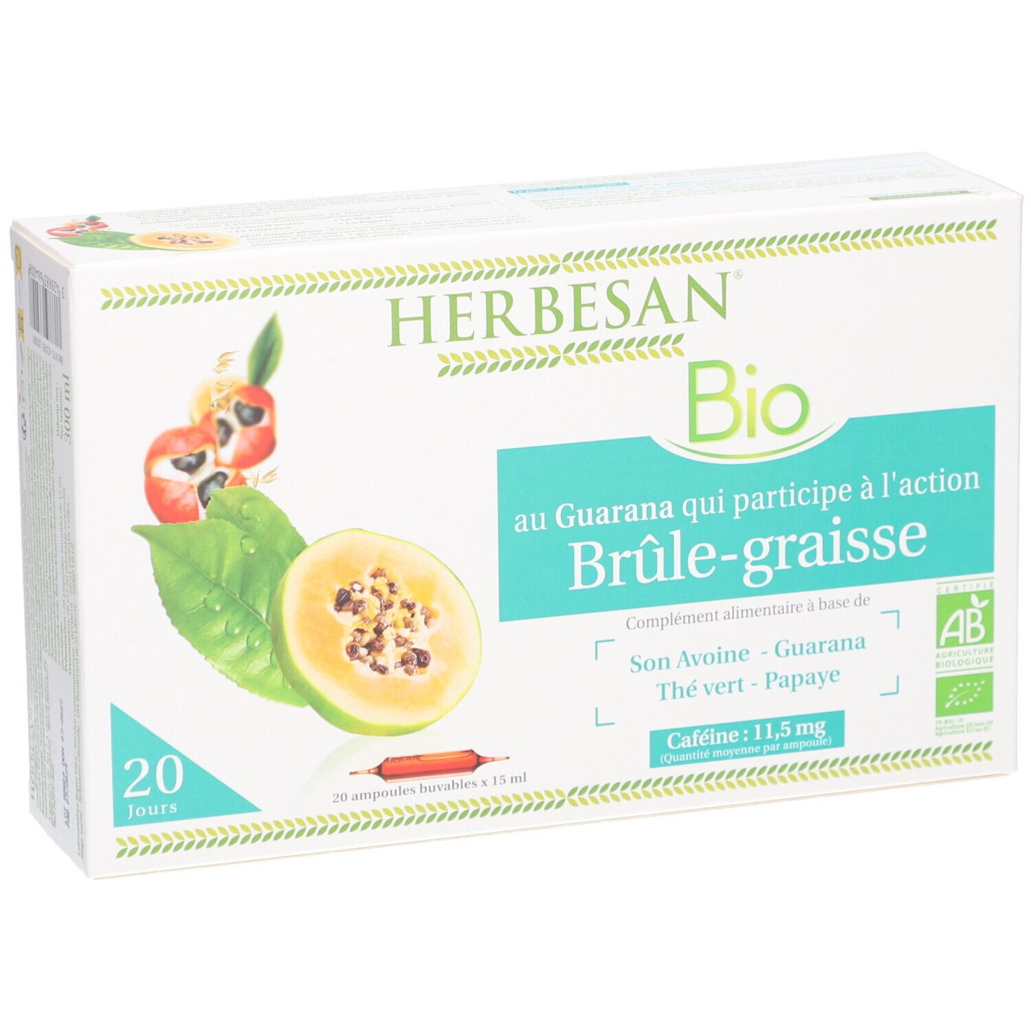 Karton Herbesan Bio mit Aufschrift "Brûle-graisse". Enthält 20 Ampullen. Mit Bio-Siegel.