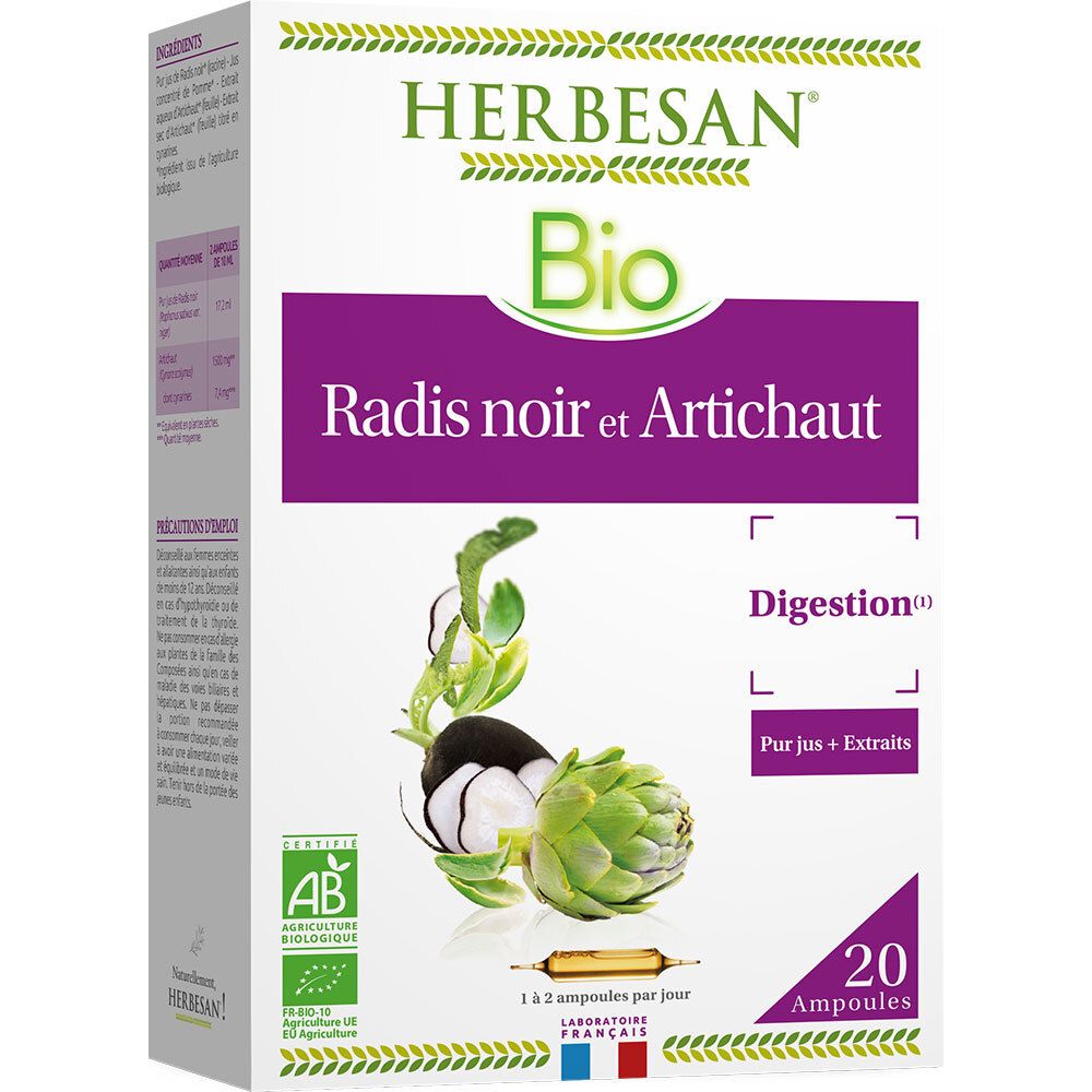 Boîte avec nom et logo du produit. Contient 20 ampoules. Certification Bio.