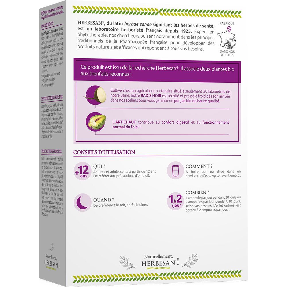 Dos de la boîte avec informations. Texte en français.