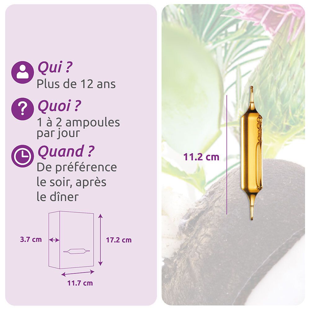 Informations sur le dosage et l'utilisation. Ampoule illustrée. Français.