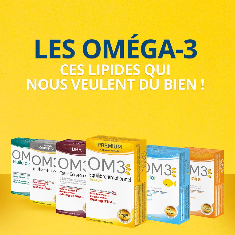 Verschiedene OM3-Verpackungen. Text: Les Oméga-3, ces lipides qui nous veulent du bien!