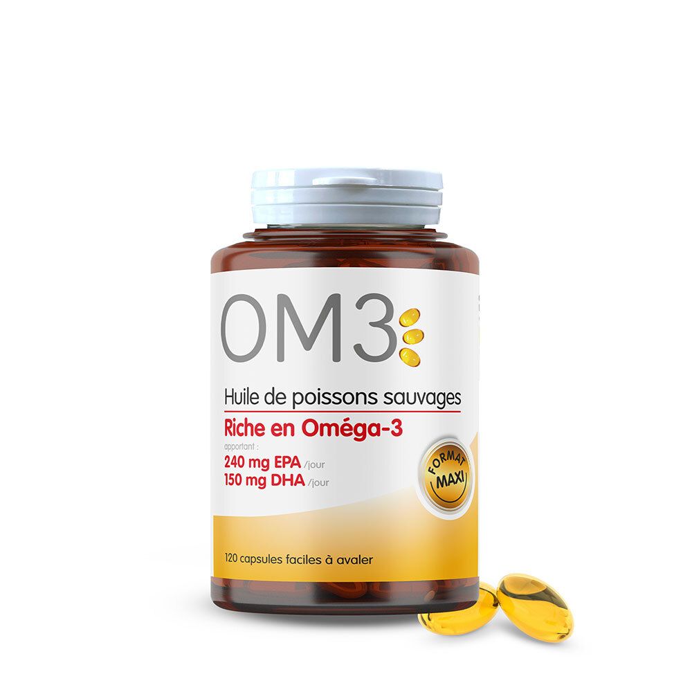 Flacon brun avec capsules. Inscription: OM3, Huile de poissons sauvages, Riche en Oméga-3. 120 capsules.