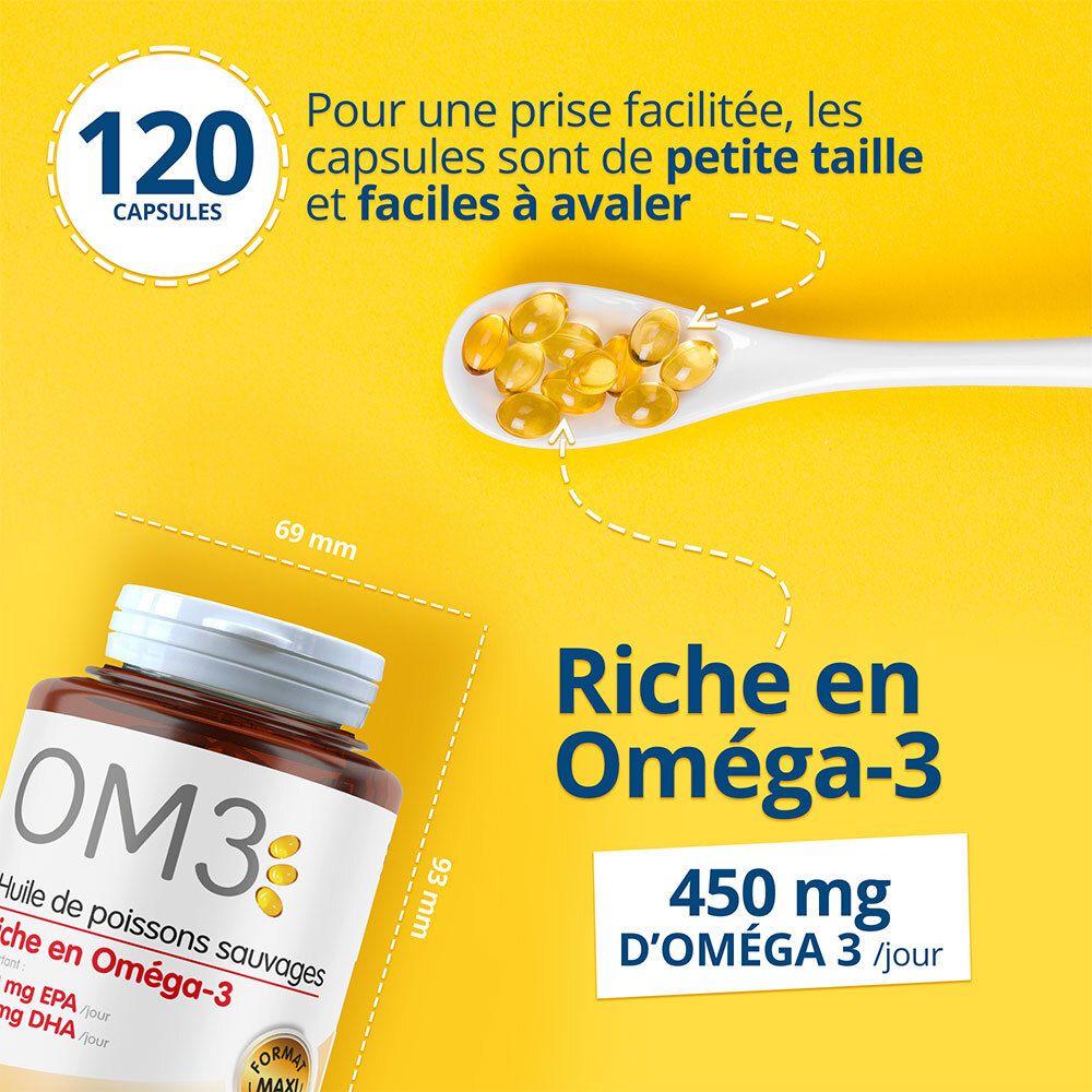 Capsules jaunes sur cuillère. Flacon OM3. Dimensions: 69 mm x 93 mm. Texte: Riche en Oméga-3, 450 mg.