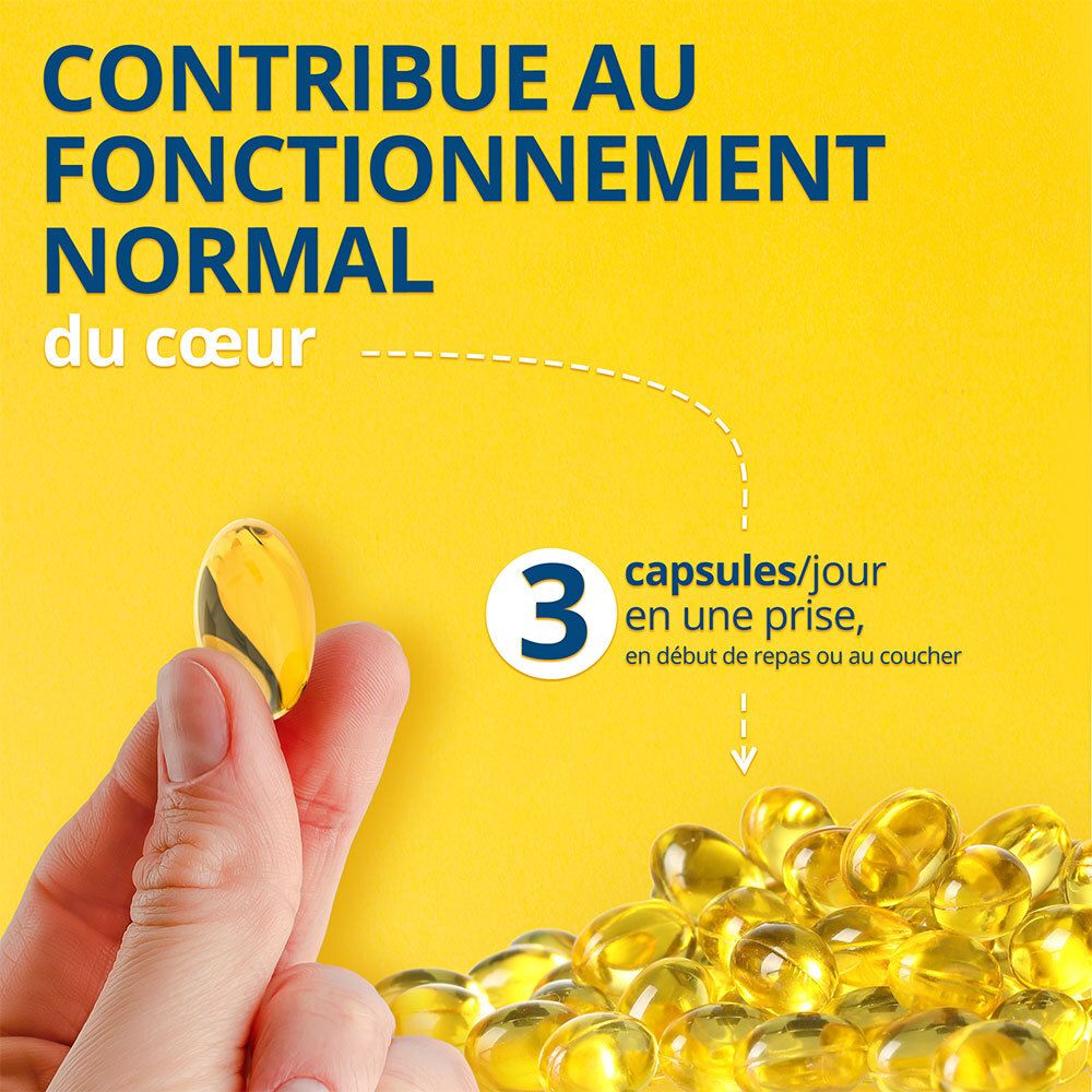 Main tenant une capsule. Capsules jaunes en arrière-plan. Texte: Contribue au fonctionnement normal du cœur.