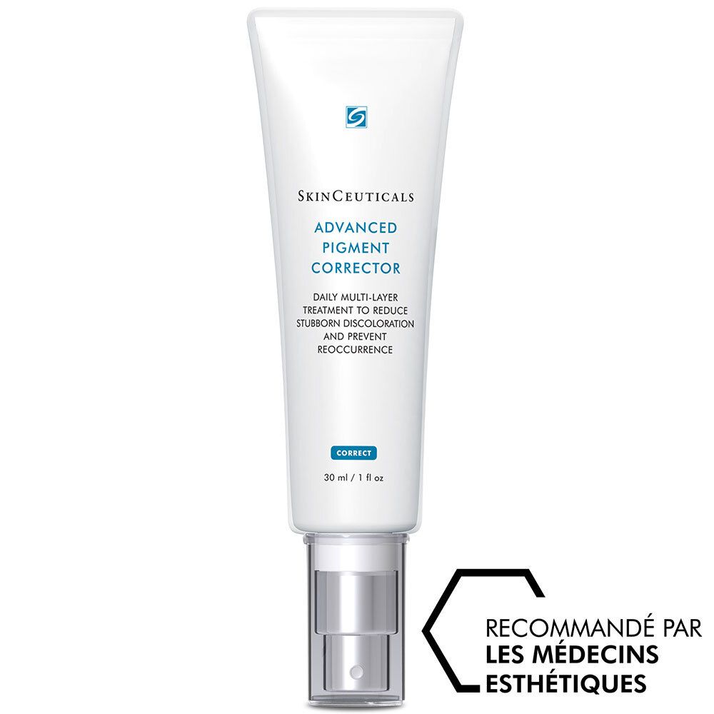 Weiße Tube mit Produktnamen und Logo. Aufschrift: Advanced Pigment Corrector. Empfohlen von Ärzten.