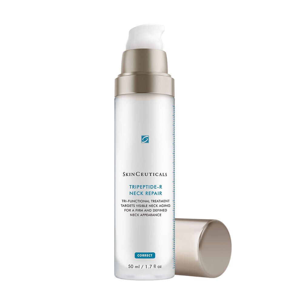 Flacon blanc avec pompe et bouchon marron. Inscription : Tripeptide-R Neck Repair.