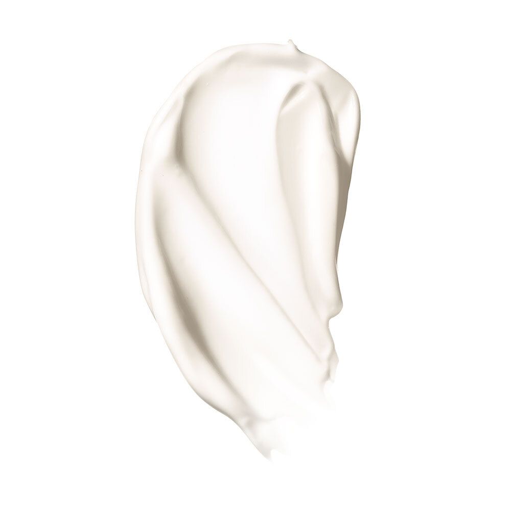 Produit crémeux blanc sur fond blanc. Texture : lisse, ondulée.