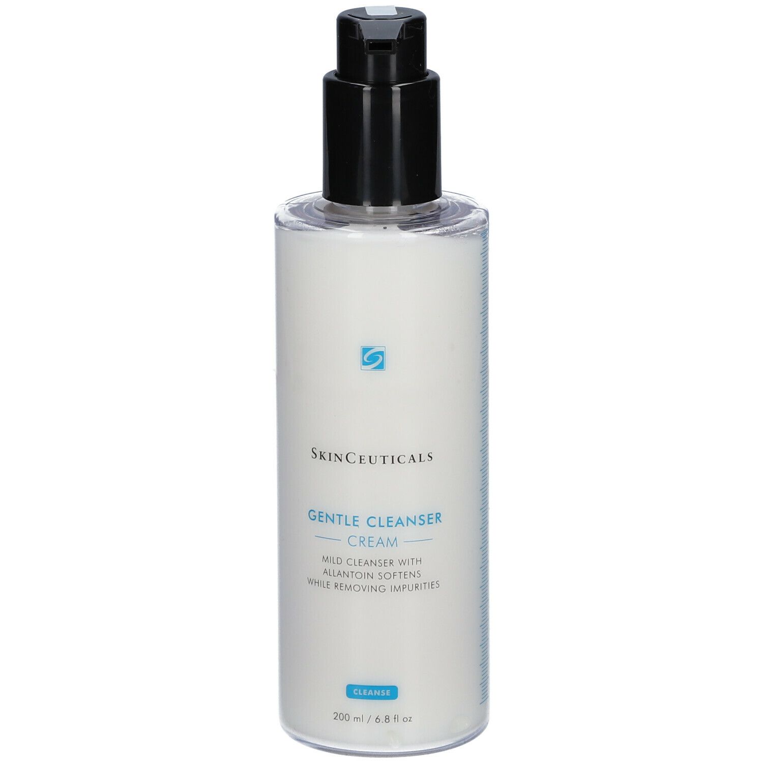 Flacon de nettoyant pour la peau avec pompe noire. Inscription : Skinceuticals, Gentle Cleanser Cream.