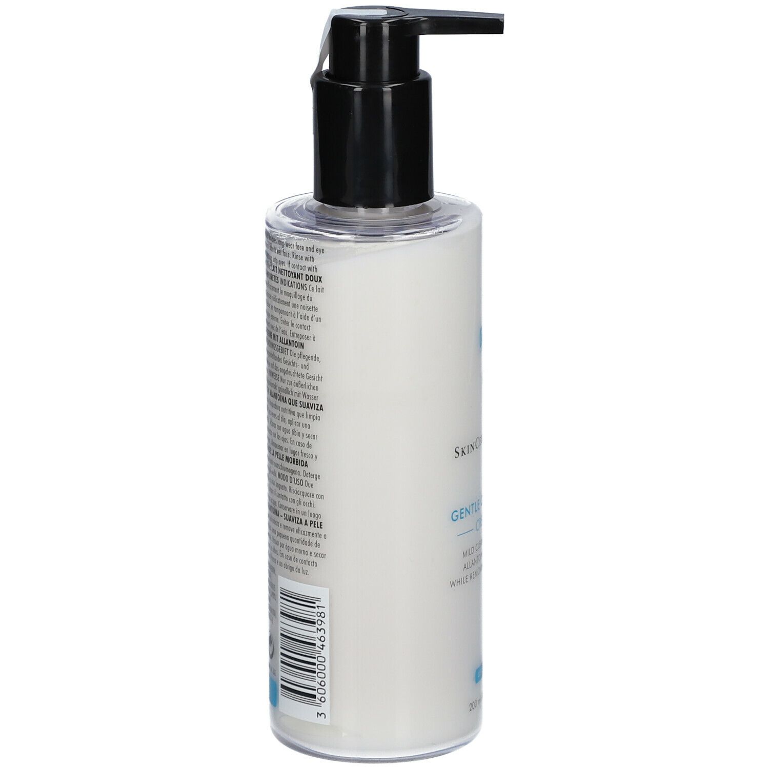 Flacon de nettoyant pour la peau, vue latérale. Texte : Skinceuticals, Gentle Cleanser. Code-barres et texte au dos.