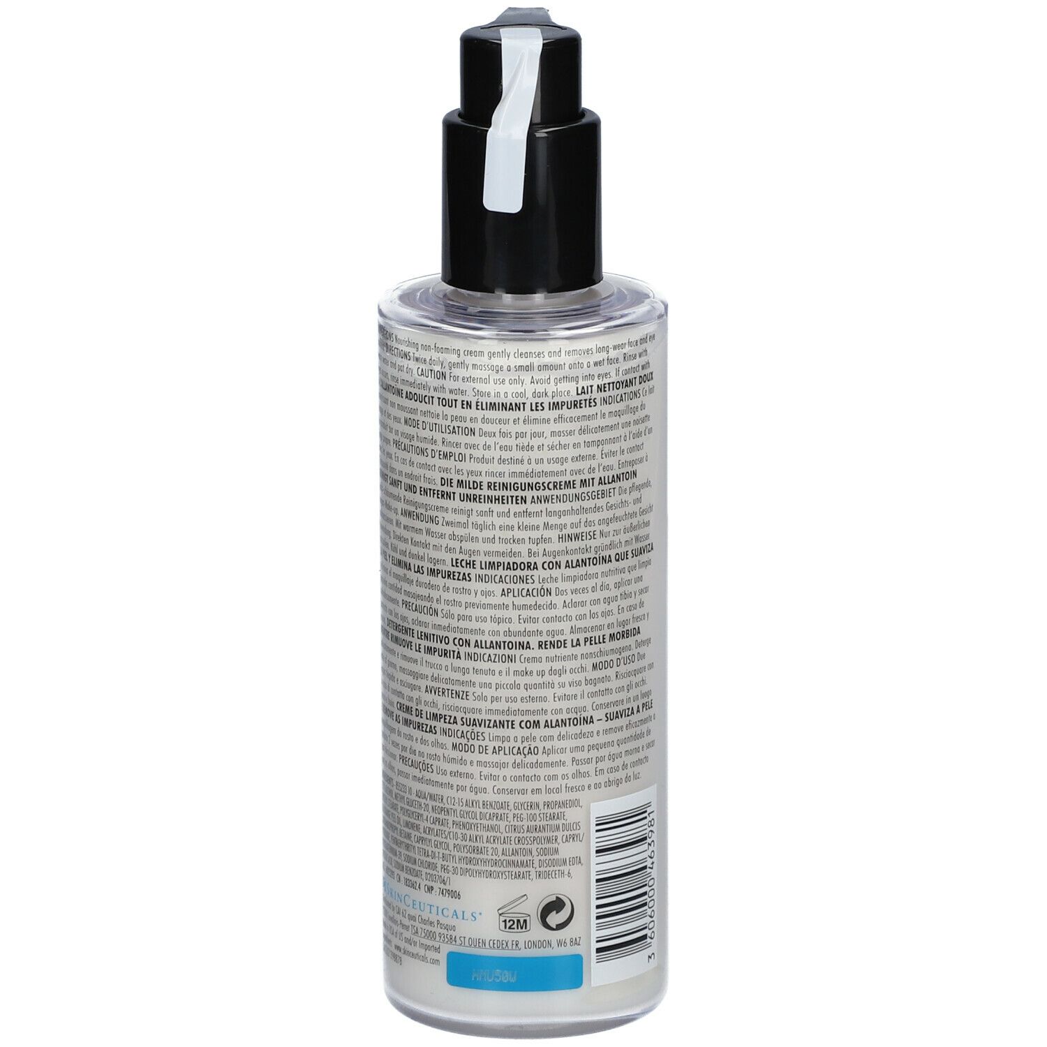 Dos du flacon de nettoyant pour la peau. Texte multilingue, code-barres et marqueur bleu.