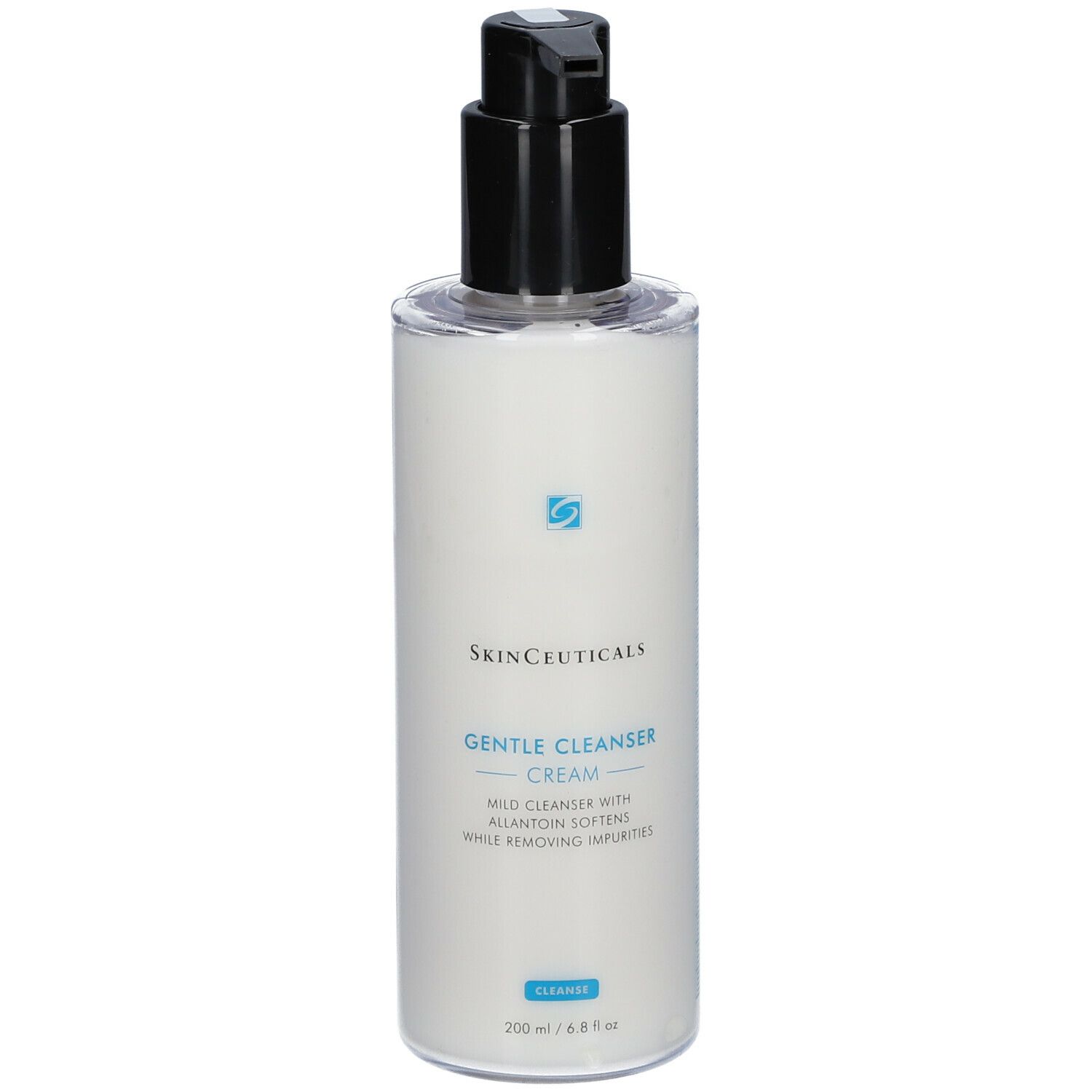 Flacon de nettoyant pour la peau avec pompe noire. Inscription : Skinceuticals, Gentle Cleanser Cream.