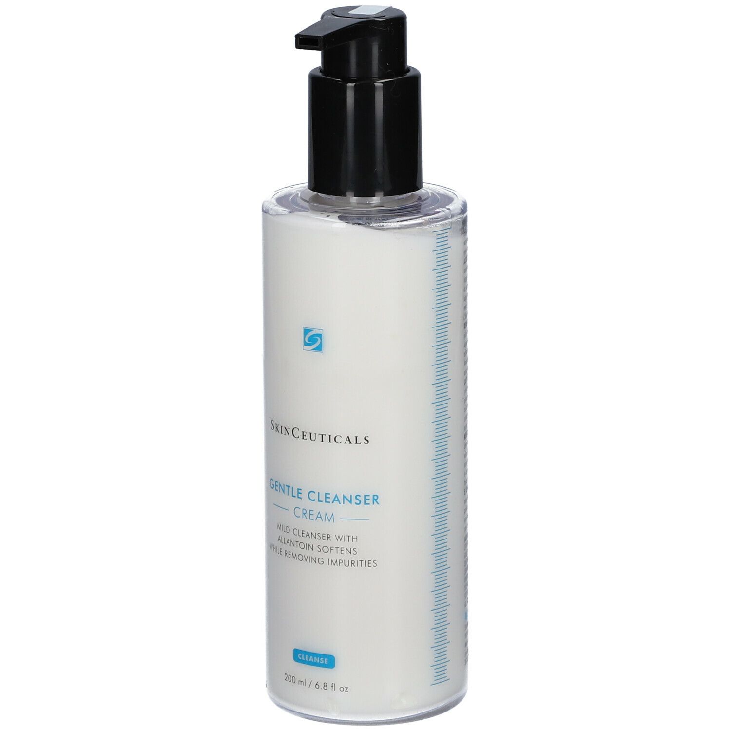 Flacon de nettoyant pour la peau avec pompe noire. Inscription : Skinceuticals, Gentle Cleanser Cream.