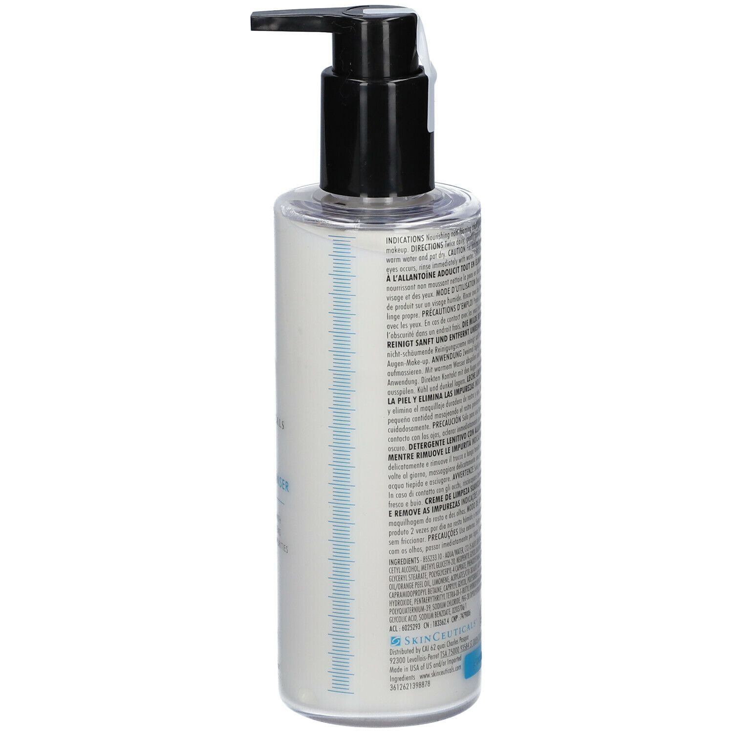 Dos du flacon de nettoyant pour la peau. Texte multilingue, code-barres et marqueur bleu.