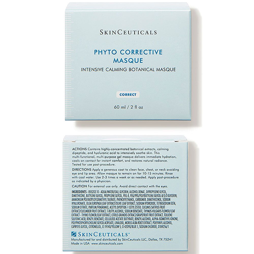 Boîte bleu clair avec informations sur le produit. Inscription : SkinCeuticals, Phyto Corrective Masque, 60 ml / 2 fl oz.