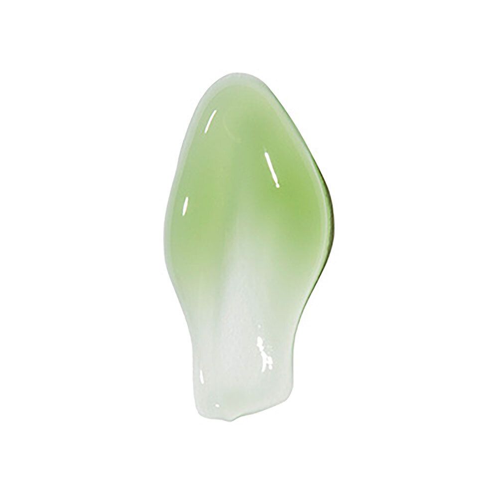 Gel vert sur fond blanc. En forme de goutte. Plus clair en haut, plus foncé en bas.