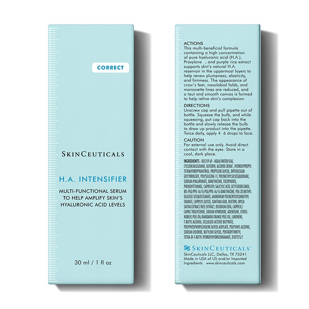 Deux faces d'une boîte. Inscription : H.A. Intensifier. Sérum multi-fonctionnel. 30 ml / 1 fl oz.