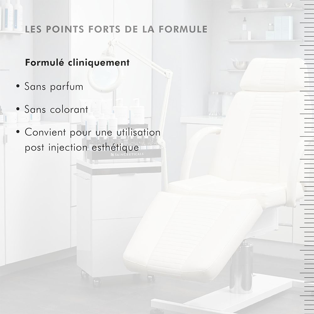 Formulé cliniquement. Sans parfum. Sans colorant. Convient pour une utilisation post-injection esthétique.