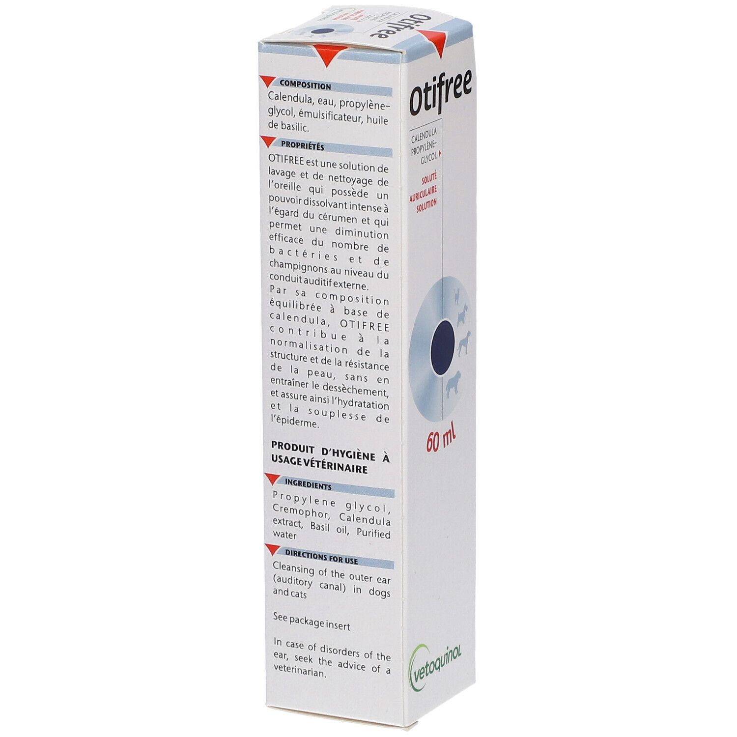 Weiße Otifree-Verpackung. Text: Calendula, Propylene Glycol, Solution Auriculaire. 60 ml. Vetoquinol Logo. Produktinformationen.